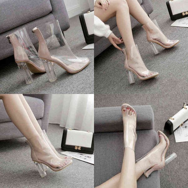 

dress shoes summer transparent ankle boots fashion pointed high heels color matching chunky heeled sandals women 220310, Black