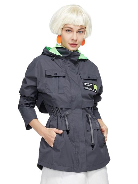 

ziai flap pocket drawstring waist hooded jacket x9fm#, Black;brown