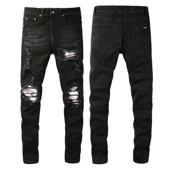 Schwarze, zerrissene Jeans für Herren, Denim, Herren, Skinny, Biker, schmal, Knie, zerrissen, Distressed, mit Loch, Passform, Straße, einfarbig, trendig, lang, gerade, Reißverschluss, Stretch, Hip-Hop, Motorrad