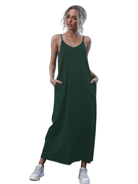 

slant pocket solid cami dress j1fa#, Black;gray