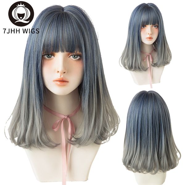

lx brand wigs omber blue gray 18 inch medium length straight hair synthetic wigs with fluffy bangs for women heat resistant dancingfactory d, Black