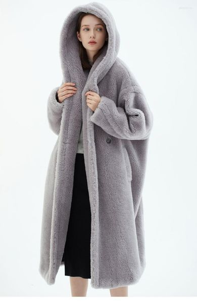 Женская шерстяная смеси средней и длинной утолщенной капюшоны с серого твидового пальто Тедди -медвеж