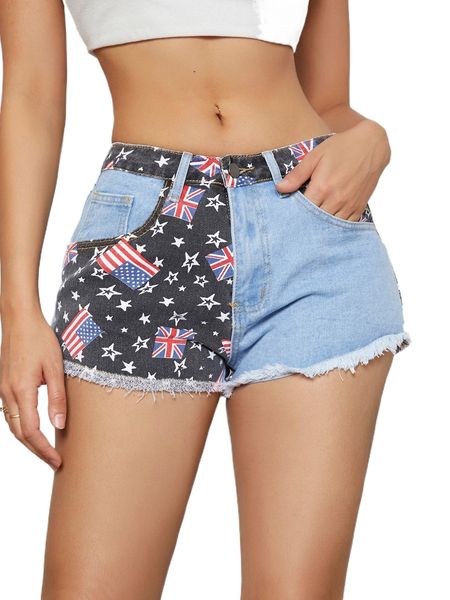 

geo & flag print denim shorts w8vx#, White;black
