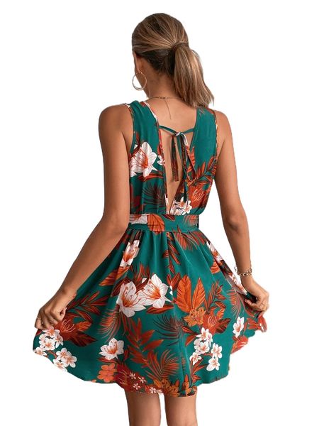 

tropical print tie back dress h0xl#, Black;gray