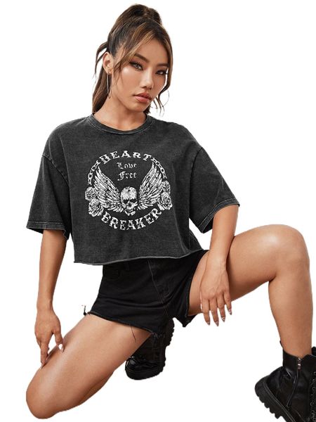 

x love worthy by amanda letter & skull print drop shoulder tee c06m#, White