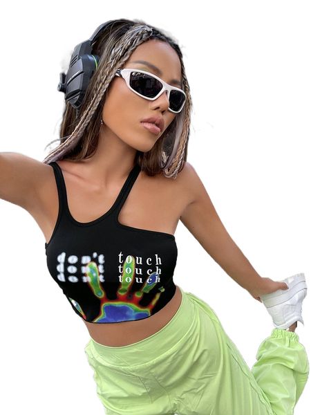 

hand & slogan graphic asymmetrical neck crop p9wf#, White