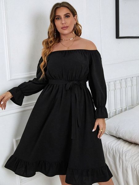 

plus off shoulder flounce sleeve ruffle hem belted dress 67se#, Black