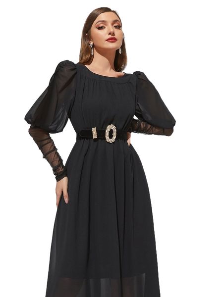 

gigot sleeve rhinestone detail chiffon dress without belt f5qx#, Black;gray