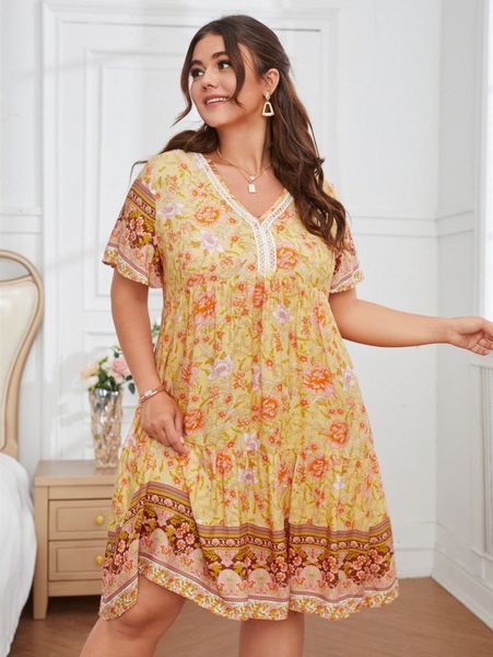 

plus allover floral print butterfly sleeve ruffle hem dress f5ol#, Black