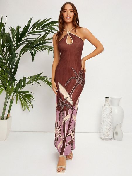 

plants contrast binding backless bodycon dress w2nl#, Black;gray