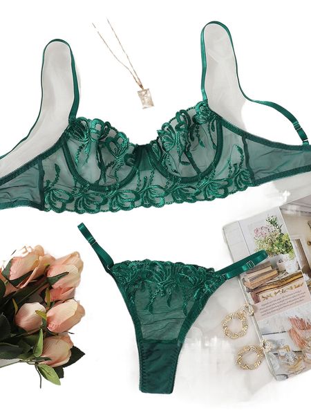 

embroidered mesh underwire lingerie set x1m5#, Black;red