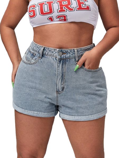 

plus roll up hem denim shorts r2of#, White;black