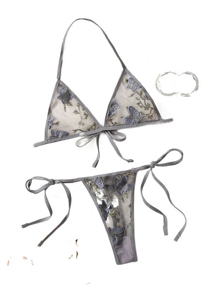 

butterfly embroidery mesh lingerie set x6pp#, Black;red