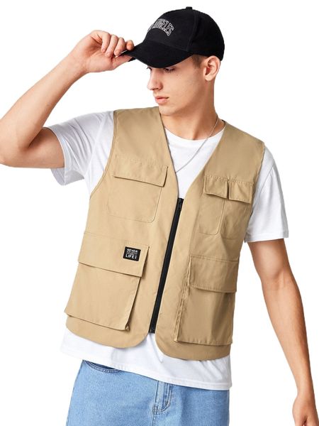 

men letter patched detail flap pocket zipper vest jacket u742#, Black;brown