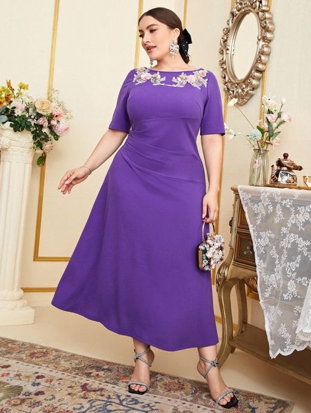 

plus applique embroidered flare hem dress 87sf#, Black