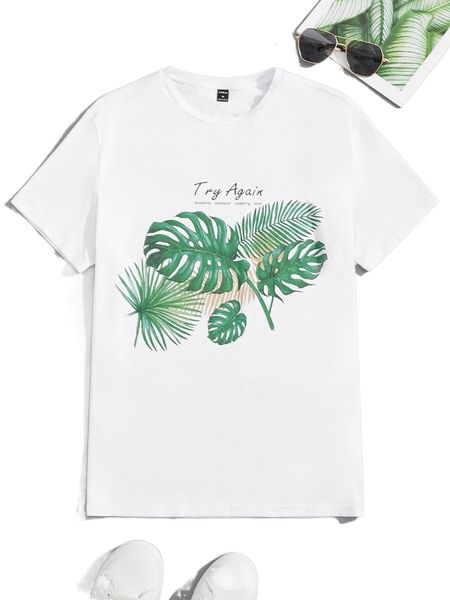 

men letter & tropical print tee p34n#, White;black