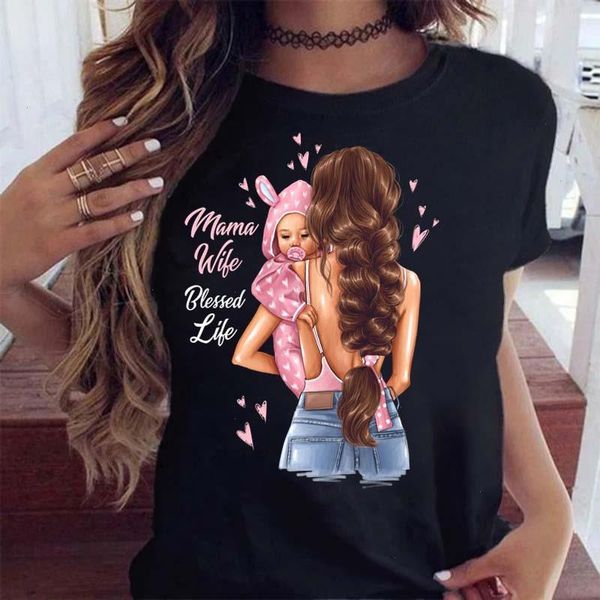 T-shirt da donna a maniche corte Cartoon Love Cute Mama Mom Mother Fashion Clothes Stampa T-shirt grafica da donna Top da donna