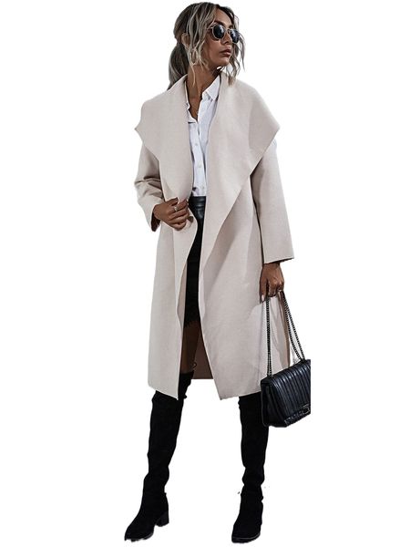 

open front waterfall collar belted overcoat e1en#, Black