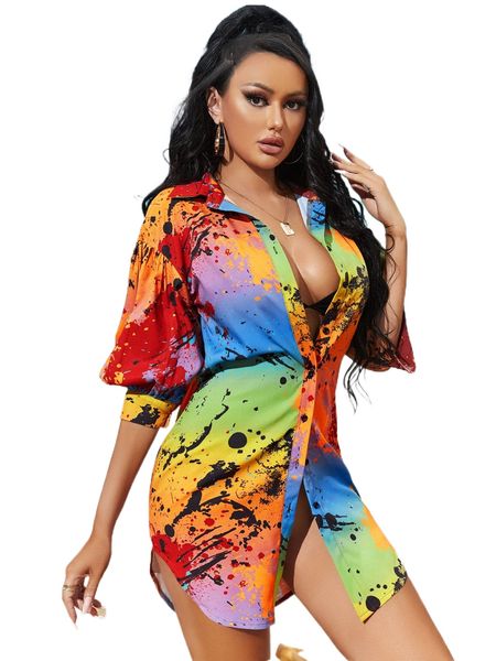 

sxy splash ink button up curved hem longline blouse s9xq#, White