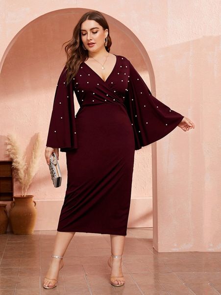 

plus surplice neck pearls flounce sleeve split hem dress m9n1#, Black