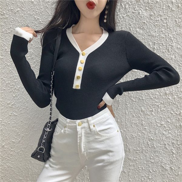 

women sweater and pullover autumn winter button v neck slim knitted pullovers long sleeve shirt jumper female 220816, White;black