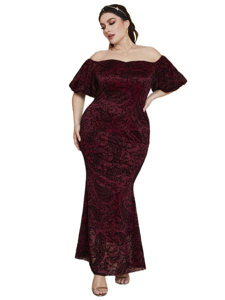 

plus random paisley print off shoulder mermaid hem mesh maxi dress s7vn#, Black