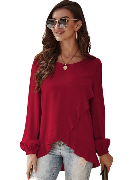 

ruffle trim wrap front lantern sleeve blouse 58sw#, White