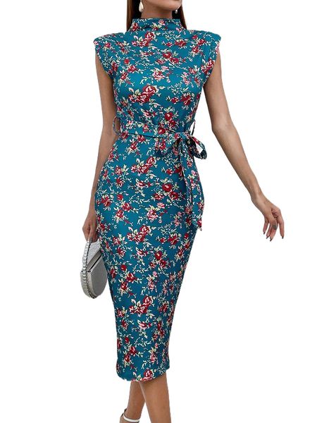 

floral print mock neck belted bodycon dress n1st#, Black;gray