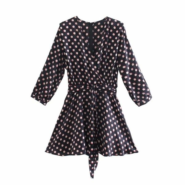 

casual woman slim v neck sashes dot print rompers springfashion ladies aline female elegant zipper 210515, Black;white