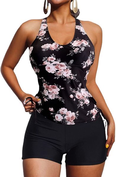 

women's 2 piece bathing suit tropical print drawstring side bikini swimsuit 71bz#, White;black