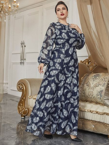 

plus tropical print lantern sleeve maxi dress k4pe#, Black