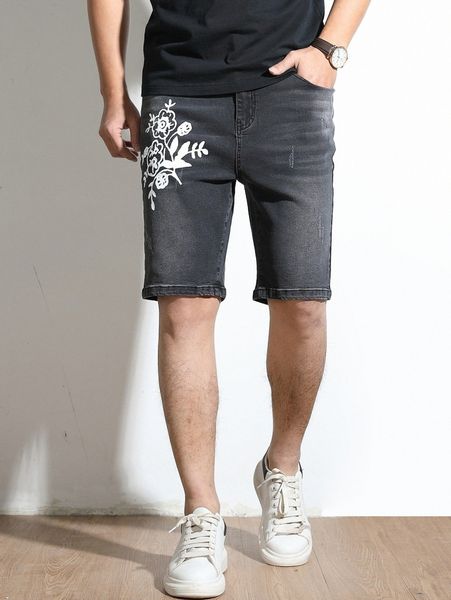 

men floral print bleach wash cat scratch bermuda denim shorts m4i1#, White;black