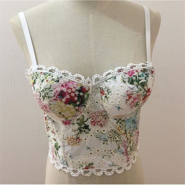 

sweet youth printed cotton summer palm & floral print push up bralet women's bustier bra cropped 220519, White