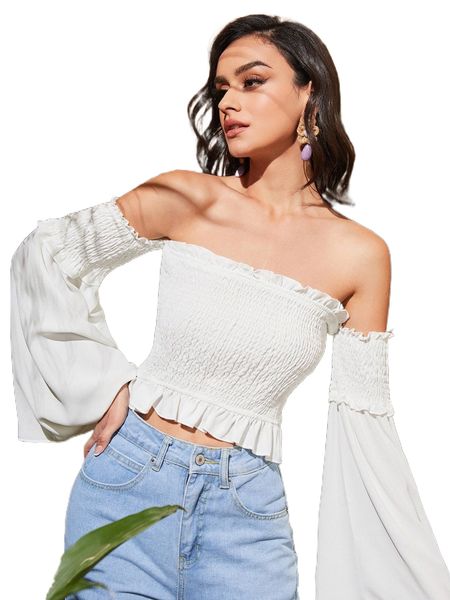 

solid shirred ruffle trim off the shoulder d3lm#, White