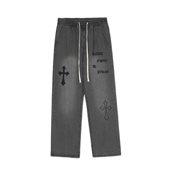 

men's jeans vintage fashion brand cross embroidered jeans loose straight tube, Blue