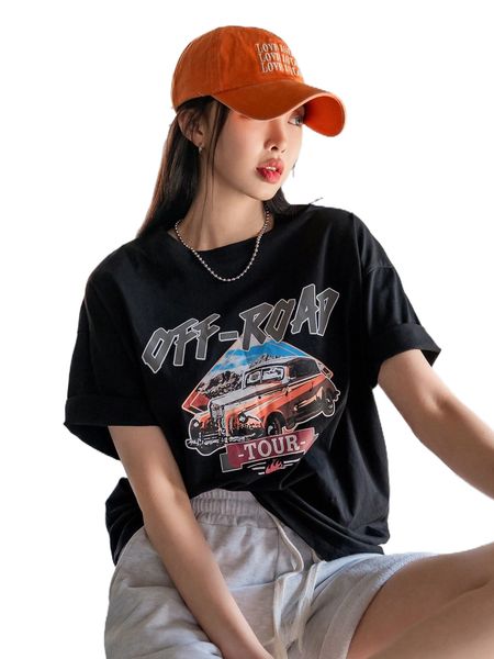 

dazy car & letter graphic drop shoulder tee k0yx#, White