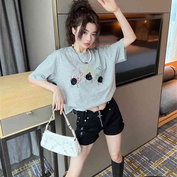 

women's t-shirt spring and summer loe wool ball embroidery men's women's fashion br short sleeve loose couple large t-shirt v, White