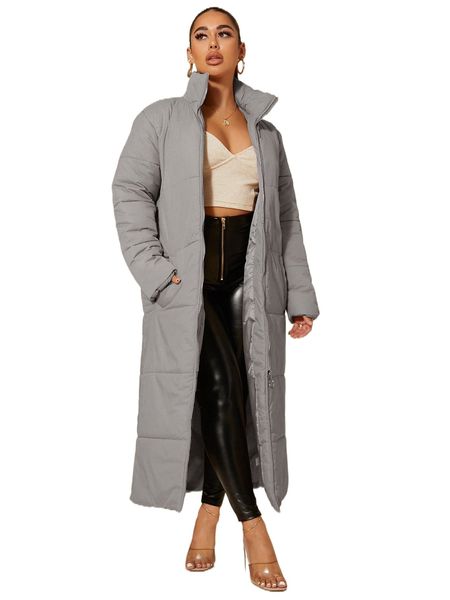

sxy slant pockets longline puffer coat e06t#, Black