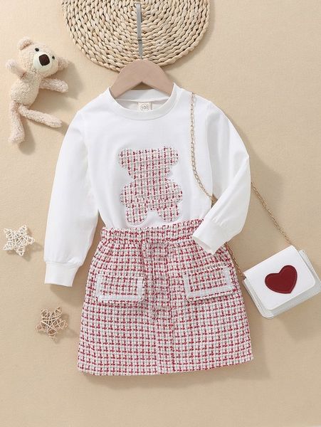 

toddler girls bear embroidery sweatshirt & plaid skirt she, White