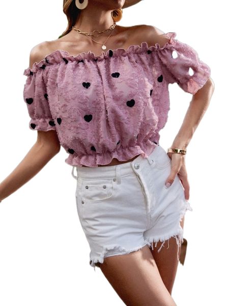 

heart embroidery bardot chiffon blouse x6e9#, White