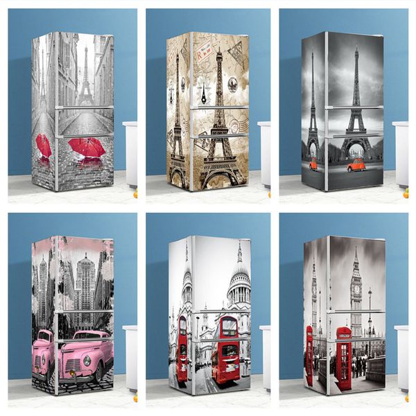 Adesivi per frigorifero per auto Torre Eiffel Copertura per porta Decorazione Carta da parati in vinile per frigorifero Pellicola autoadesiva per congelatore in stile britannico 220716