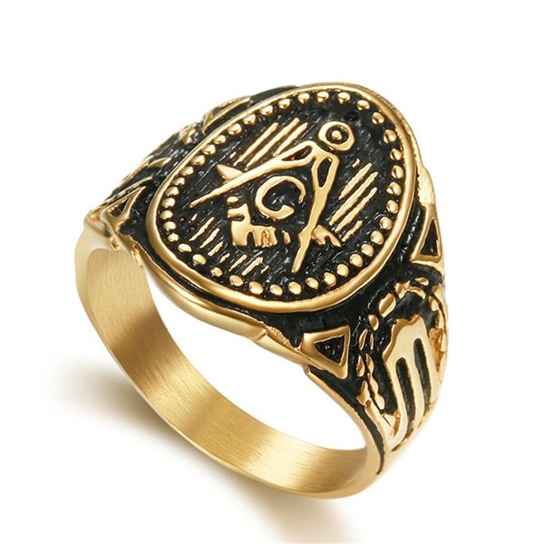 

316 stainless steel ring overgild vintage fraternal masonic men jewelry items gold plating masonic symbol mason emblems jewel, Golden;silver