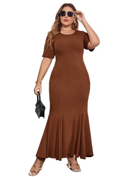 

plus solid mermaid hem maxi dress a3tz#, Black