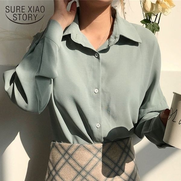 

summer womens blouse solid multi colors lapel singlebreasted elegant casual loose wild pink feminine blusa 9681 y200622, White