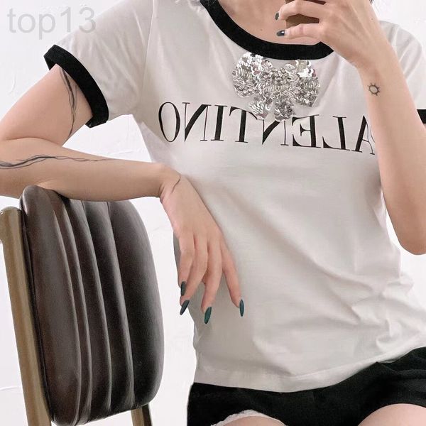 

women's t-shirt designer chaopai 22 early spring new black letter heavy industry hand sewn silver bead bow white sweet short sleeve t-s