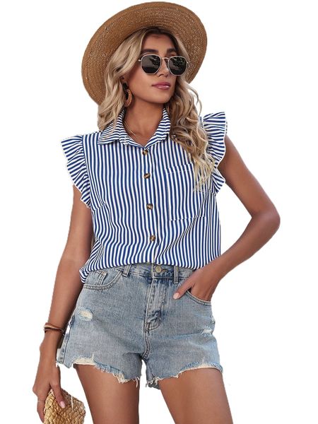 

striped print button front ruffle trim blouse y4hh#, White