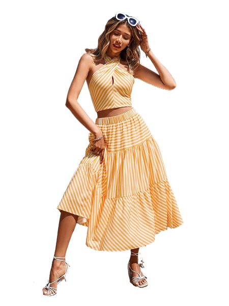 

striped tie backless halter & ruffle hem skirt j471#, White