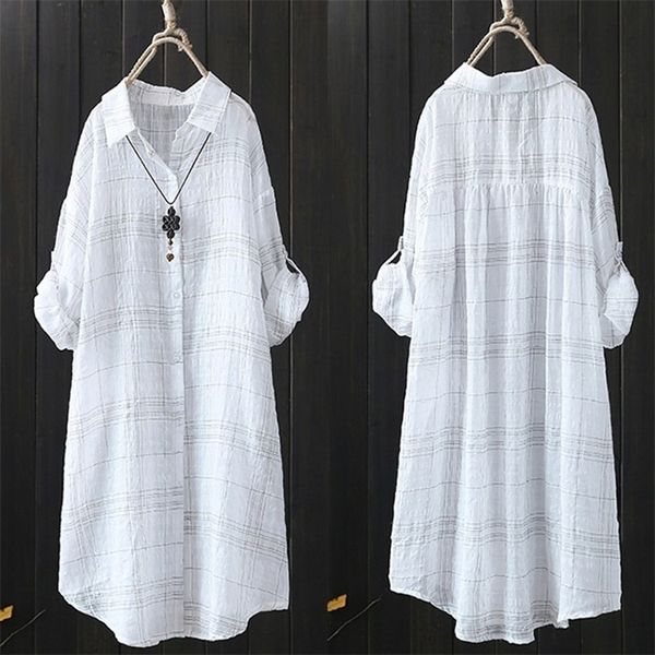 

zanzea autumn button down linen women plaid blouse female lapel casual long sleeve shirt women work blusas plus size t200322, White