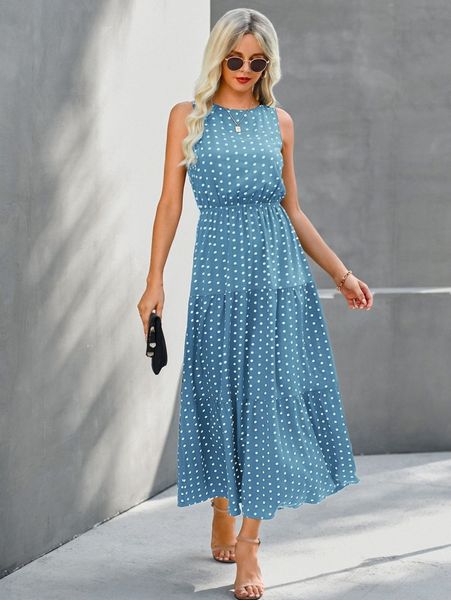 

polka dot sleeveless ruffle hem a-line dress k9si#, Black;gray