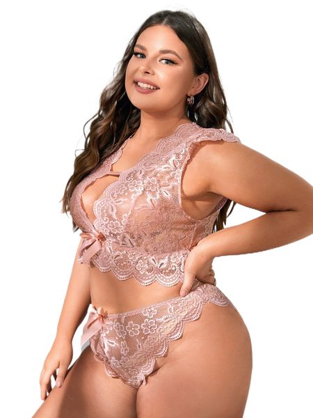 

plus floral lace scallop trim bow decor lingerie set e0x5#, Black;white